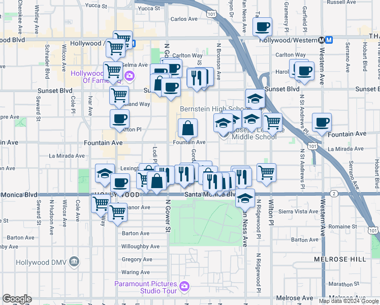 map of restaurants, bars, coffee shops, grocery stores, and more near 1239 Gordon Street in Los Angeles