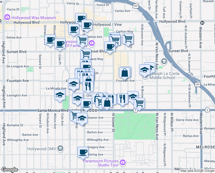 map of restaurants, bars, coffee shops, grocery stores, and more near in Los Angeles