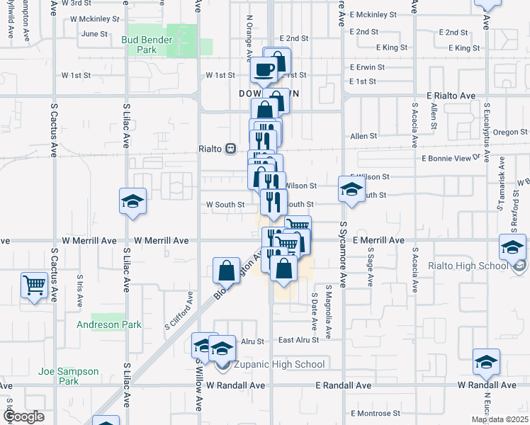 map of restaurants, bars, coffee shops, grocery stores, and more near 420 South Riverside Avenue in Rialto