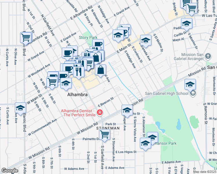 map of restaurants, bars, coffee shops, grocery stores, and more near 217 East Commonwealth Avenue in Alhambra