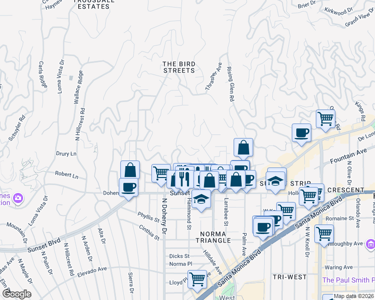 map of restaurants, bars, coffee shops, grocery stores, and more near 8967 Saint Ives Drive in Los Angeles