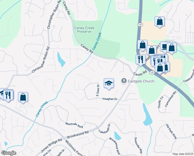 map of restaurants, bars, coffee shops, grocery stores, and more near 3335 East Gate Drive in Cumming