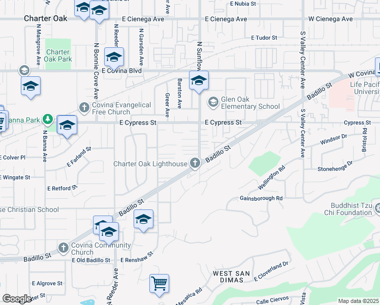 map of restaurants, bars, coffee shops, grocery stores, and more near 4421 North Sunflower Avenue in Covina