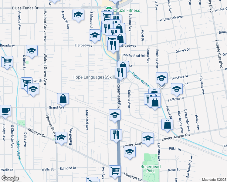 map of restaurants, bars, coffee shops, grocery stores, and more near in Temple City
