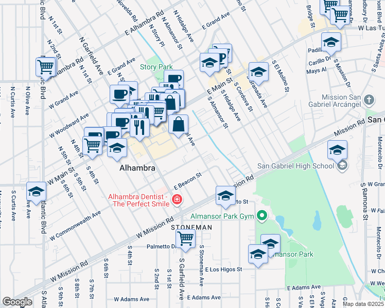 map of restaurants, bars, coffee shops, grocery stores, and more near 217 East Commonwealth Avenue in Alhambra