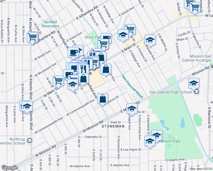 map of restaurants, bars, coffee shops, grocery stores, and more near 118 East Bay State Street in Alhambra