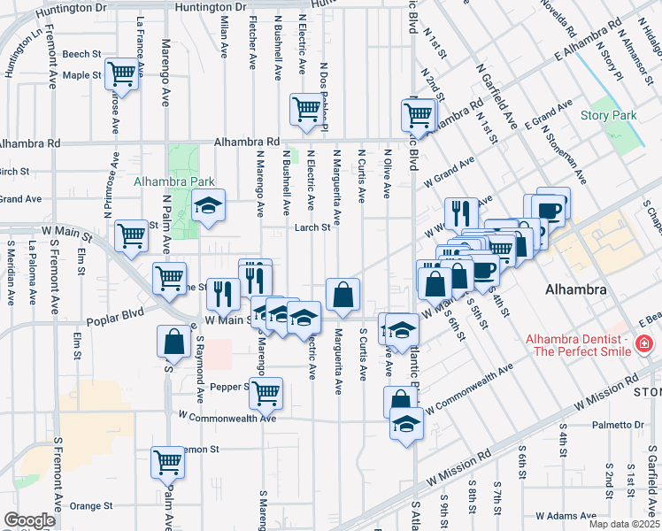 map of restaurants, bars, coffee shops, grocery stores, and more near 115 North Marguerita Avenue in Alhambra