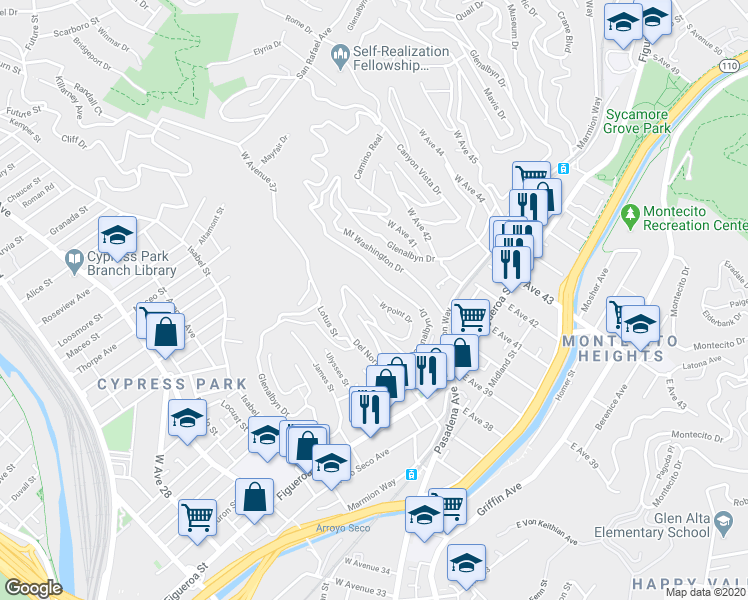 map of restaurants, bars, coffee shops, grocery stores, and more near 3817 Glenalbyn Drive in Los Angeles