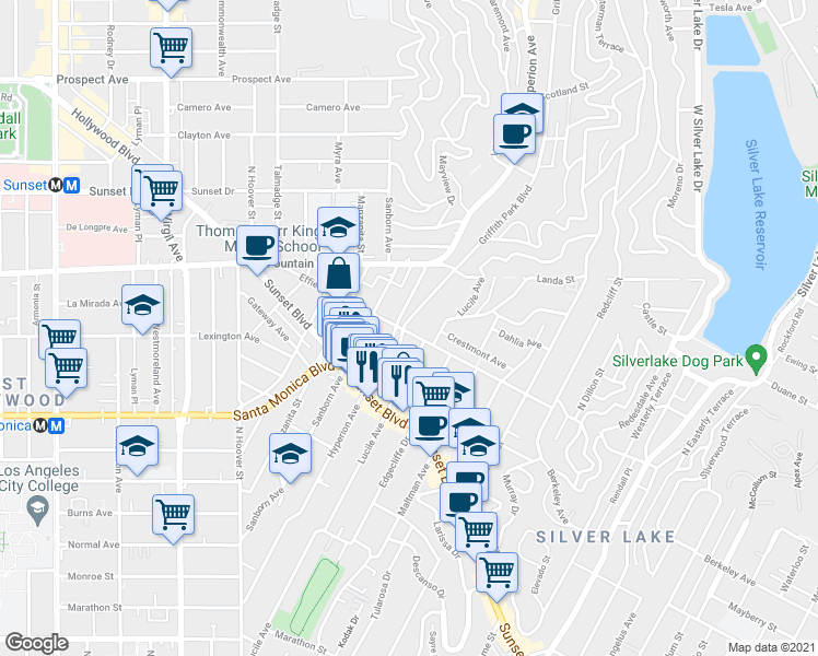 map of restaurants, bars, coffee shops, grocery stores, and more near 1680 Griffith Park Boulevard in Los Angeles