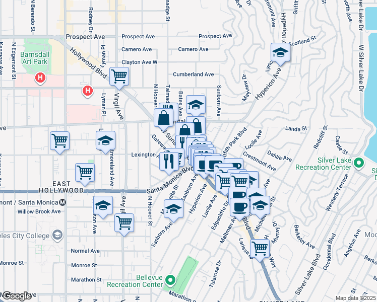 map of restaurants, bars, coffee shops, grocery stores, and more near Manzanita Street in Los Angeles