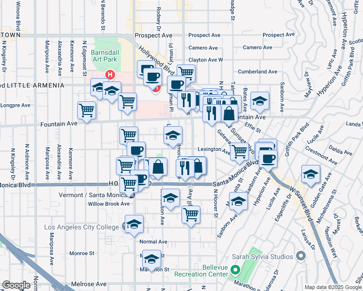 map of restaurants, bars, coffee shops, grocery stores, and more near 1201 North Virgil Avenue in Los Angeles
