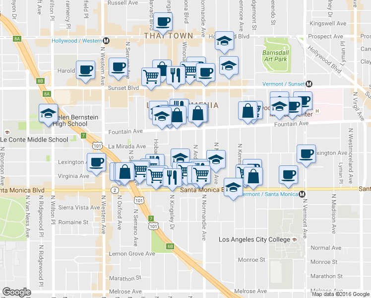 map of restaurants, bars, coffee shops, grocery stores, and more near 1202 North Kingsley Drive in Los Angeles