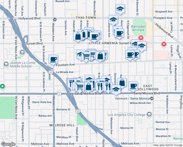 map of restaurants, bars, coffee shops, grocery stores, and more near 1202 North Kingsley Drive in Los Angeles