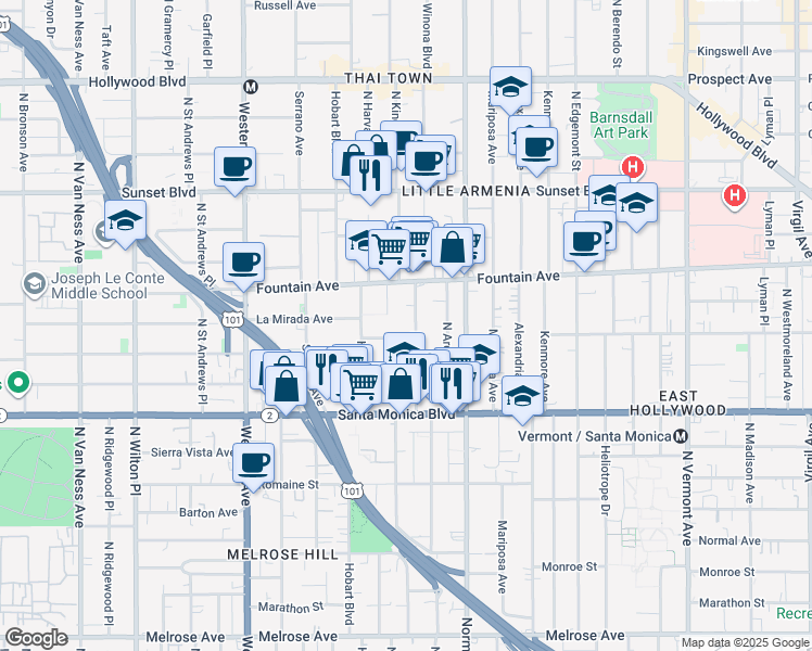 map of restaurants, bars, coffee shops, grocery stores, and more near 5225 Lexington Avenue in Los Angeles