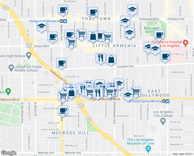 map of restaurants, bars, coffee shops, grocery stores, and more near 5225 Lexington Avenue in Los Angeles