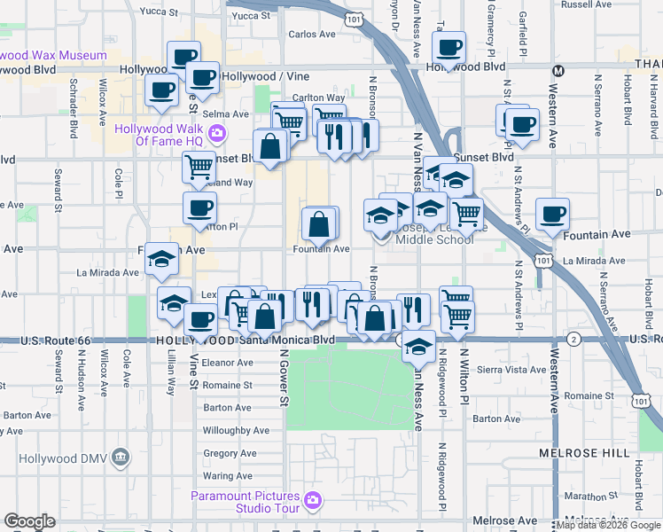 map of restaurants, bars, coffee shops, grocery stores, and more near 1228 Gordon Street in Los Angeles