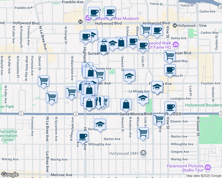 map of restaurants, bars, coffee shops, grocery stores, and more near 1234 North Cherokee Avenue in Los Angeles