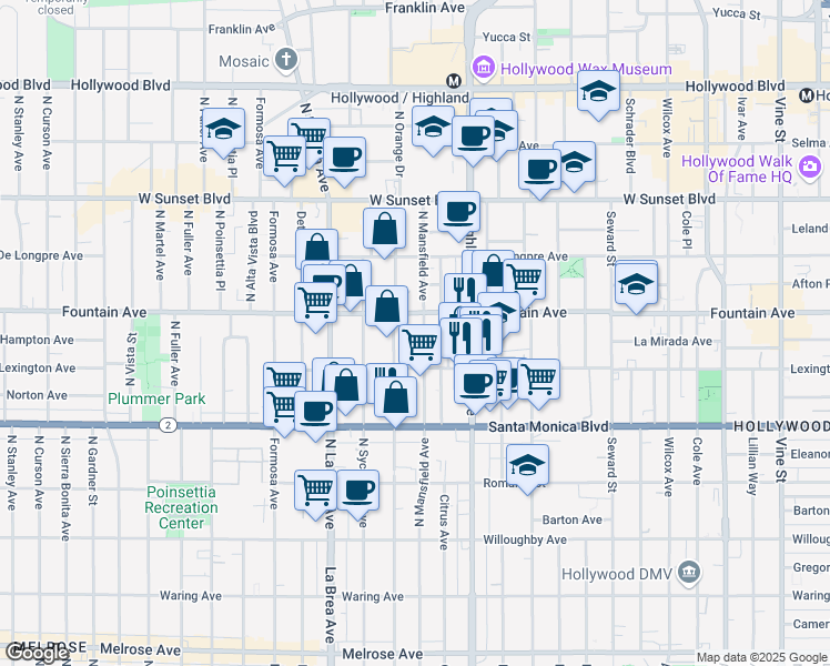 map of restaurants, bars, coffee shops, grocery stores, and more near 1229 North Mansfield Avenue in Los Angeles
