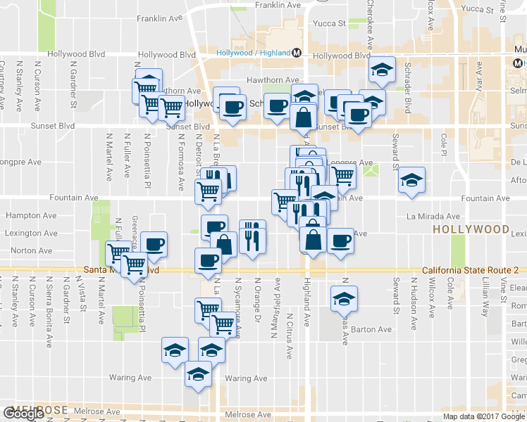 map of restaurants, bars, coffee shops, grocery stores, and more near 1229 North Mansfield Avenue in Los Angeles
