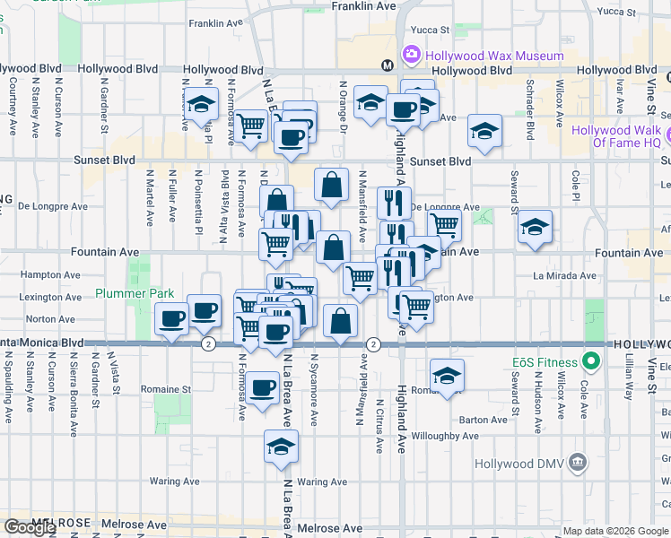 map of restaurants, bars, coffee shops, grocery stores, and more near 1232 North Sycamore Avenue in Los Angeles