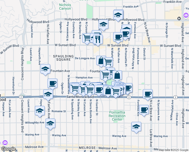 map of restaurants, bars, coffee shops, grocery stores, and more near 7508 Hampton Avenue in West Hollywood