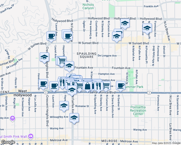 map of restaurants, bars, coffee shops, grocery stores, and more near 1232 North Ogden Drive in West Hollywood