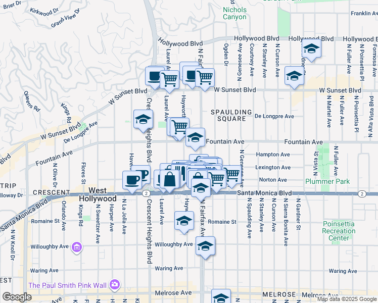 map of restaurants, bars, coffee shops, grocery stores, and more near 1265 North Fairfax Avenue in West Hollywood