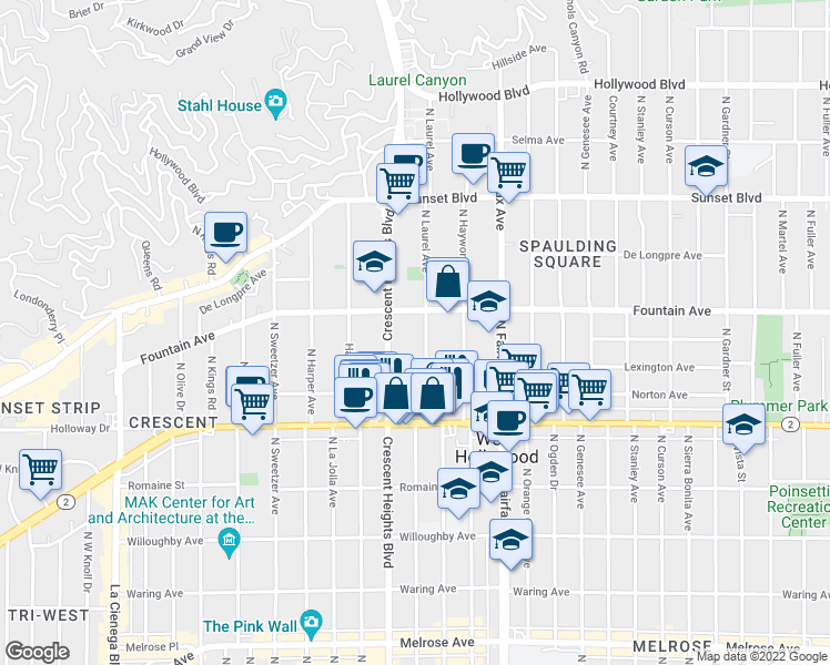 map of restaurants, bars, coffee shops, grocery stores, and more near 1261 North Laurel Avenue in West Hollywood