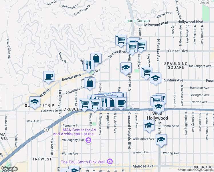 map of restaurants, bars, coffee shops, grocery stores, and more near 1255 North Harper Avenue in West Hollywood