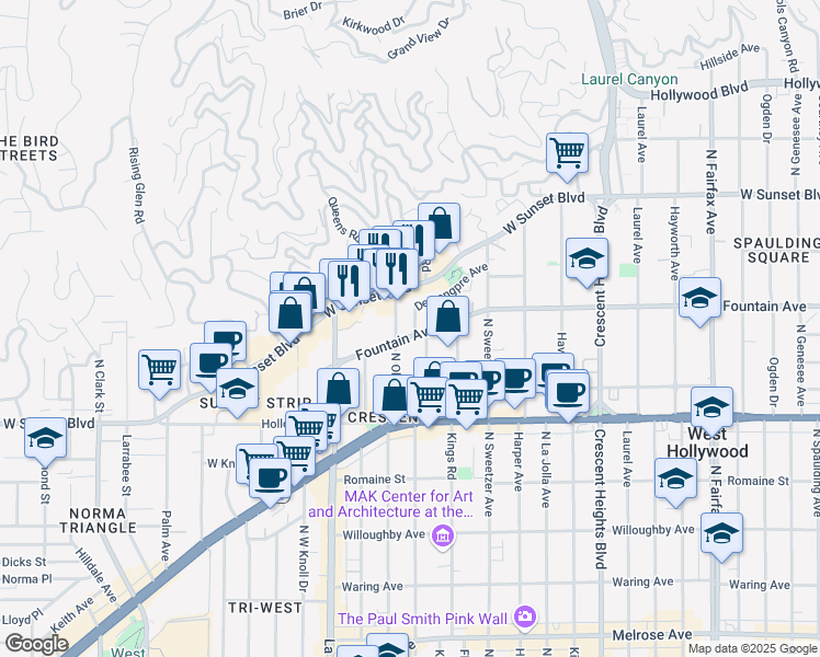 map of restaurants, bars, coffee shops, grocery stores, and more near 1307 North Olive Drive in West Hollywood