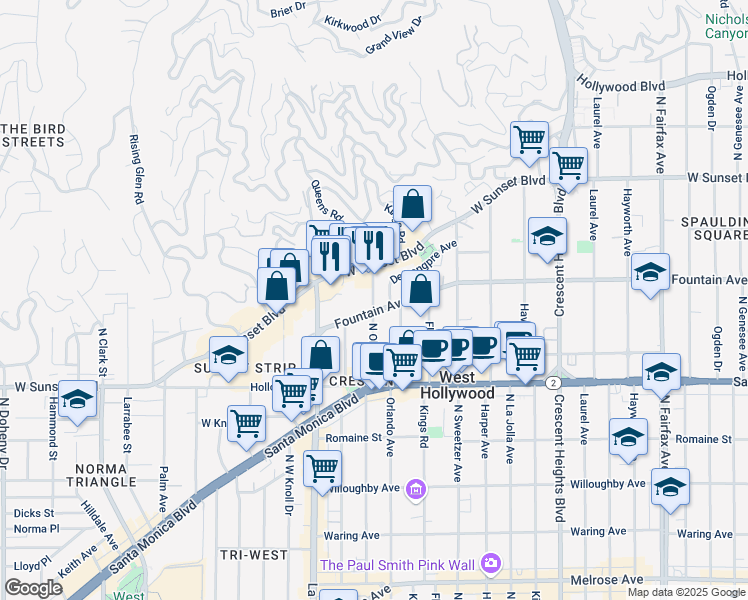 map of restaurants, bars, coffee shops, grocery stores, and more near 1307 North Olive Drive in West Hollywood
