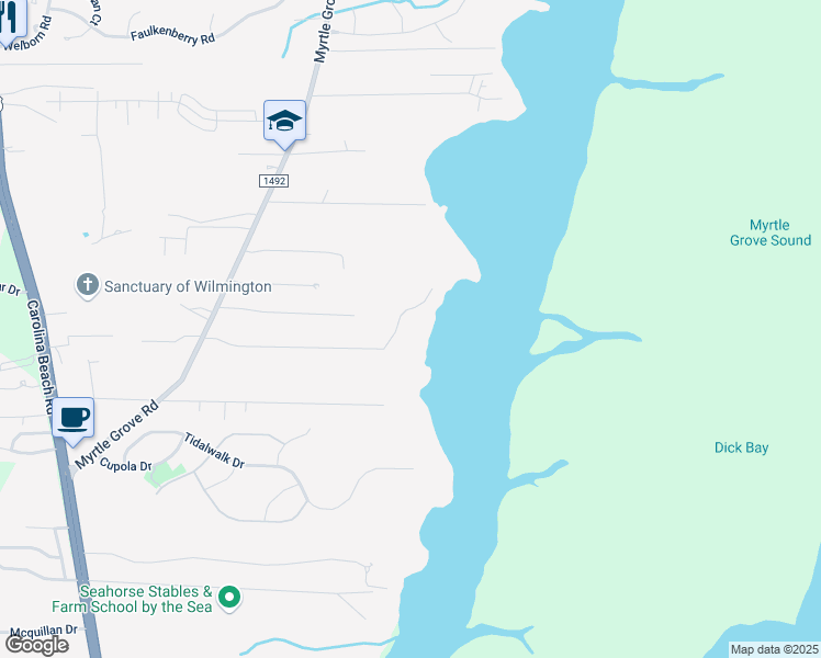 map of restaurants, bars, coffee shops, grocery stores, and more near 7645 Myrtle Grove Road in Wilmington