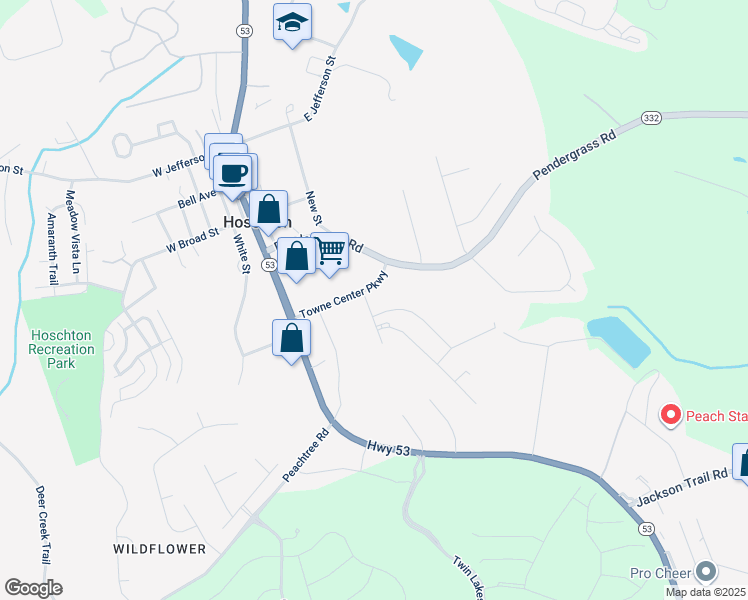 map of restaurants, bars, coffee shops, grocery stores, and more near 181 Towne Center Parkway in Hoschton