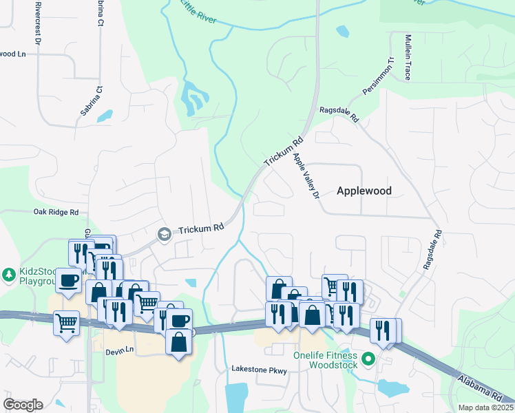 map of restaurants, bars, coffee shops, grocery stores, and more near 113 Regent Place in Woodstock