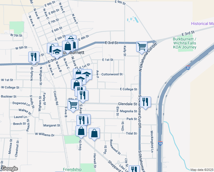 map of restaurants, bars, coffee shops, grocery stores, and more near 617 East College Street in Burkburnett