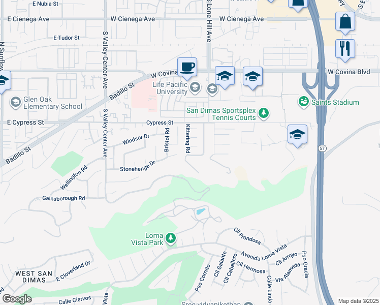 map of restaurants, bars, coffee shops, grocery stores, and more near 1161 Oakengate Drive in San Dimas