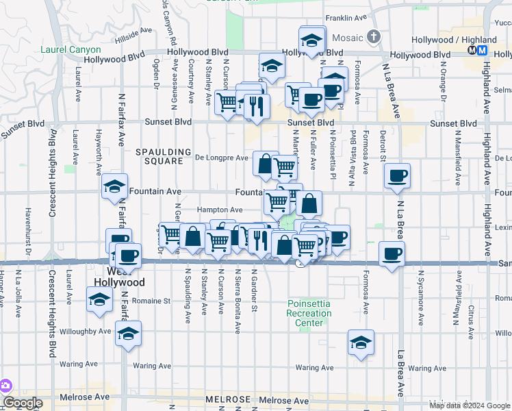 map of restaurants, bars, coffee shops, grocery stores, and more near 7505 Hampton Avenue in West Hollywood