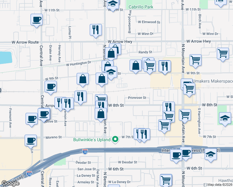 map of restaurants, bars, coffee shops, grocery stores, and more near 121 Genoa Way in Upland