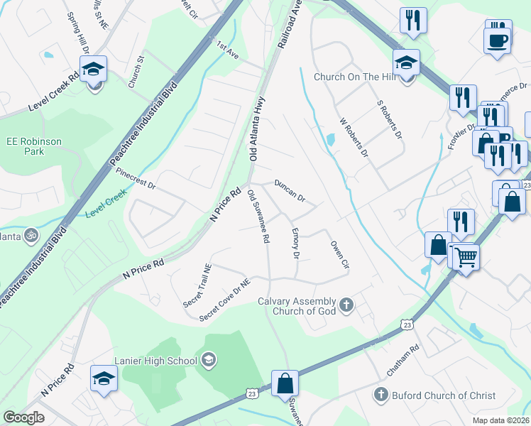 map of restaurants, bars, coffee shops, grocery stores, and more near 4551 Old Suwanee Road in Buford