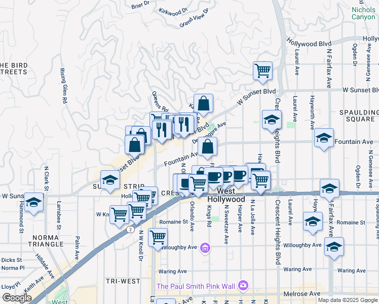 map of restaurants, bars, coffee shops, grocery stores, and more near 8401 Fountain Avenue in West Hollywood