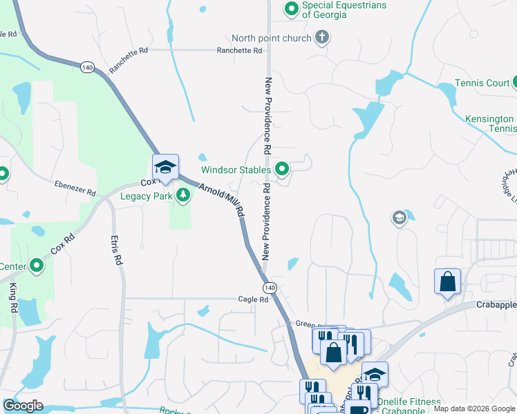 map of restaurants, bars, coffee shops, grocery stores, and more near 12780 New Providence Road in Alpharetta