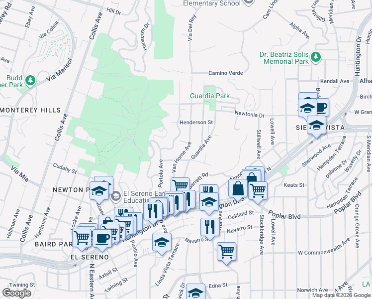 map of restaurants, bars, coffee shops, grocery stores, and more near 4130 Van Horne Avenue in Los Angeles