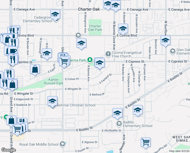 map of restaurants, bars, coffee shops, grocery stores, and more near 1551 East Colver Place in Covina