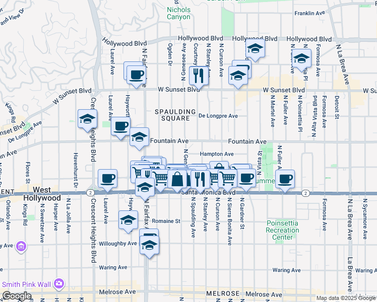 map of restaurants, bars, coffee shops, grocery stores, and more near 7733 Hampton Avenue in West Hollywood