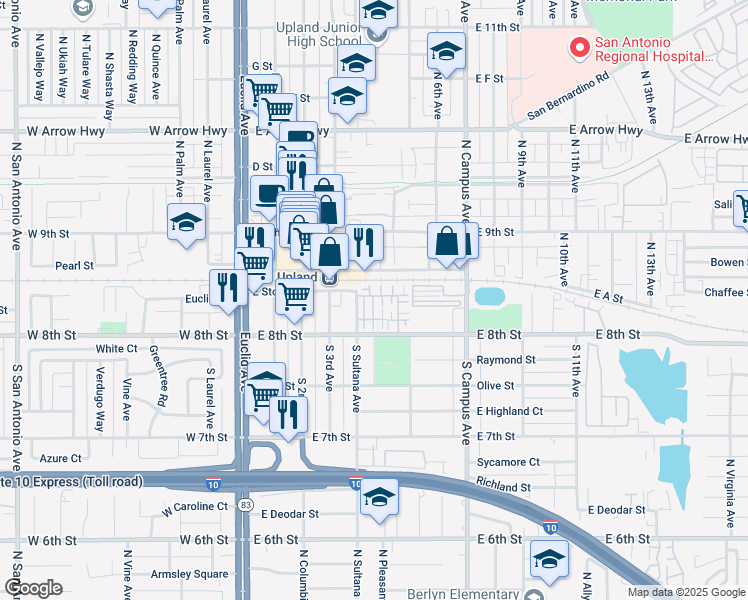 map of restaurants, bars, coffee shops, grocery stores, and more near 148 Royal Way in Upland