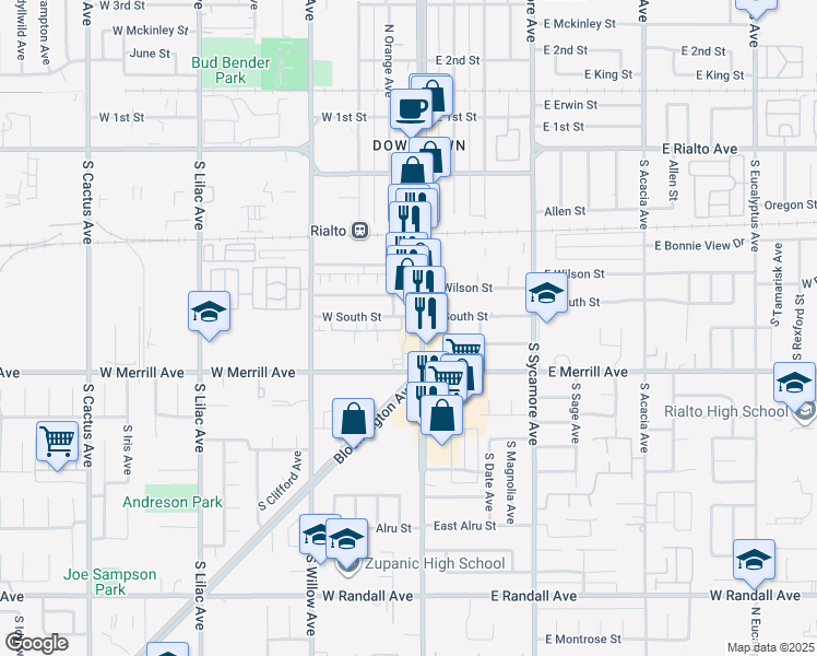 map of restaurants, bars, coffee shops, grocery stores, and more near 420 South Riverside Avenue in Rialto