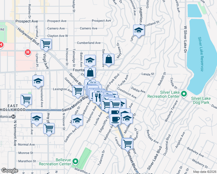 map of restaurants, bars, coffee shops, grocery stores, and more near 1680 Griffith Park Boulevard in Los Angeles