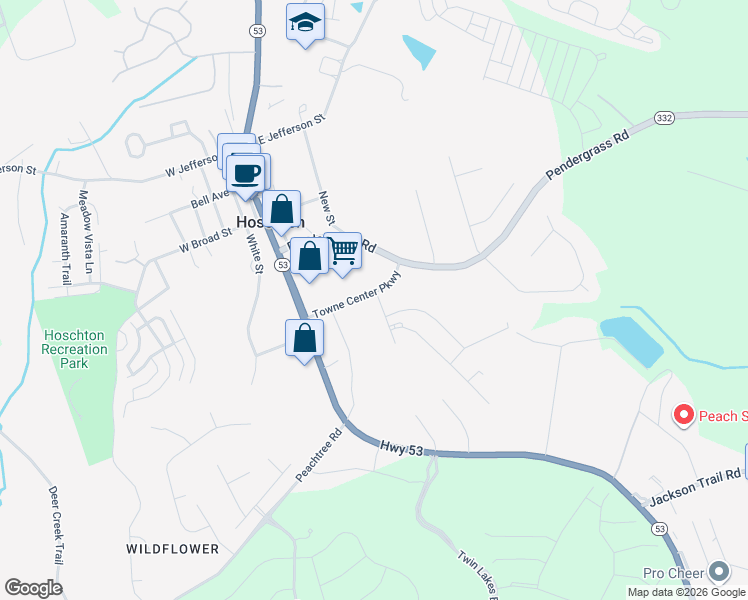 map of restaurants, bars, coffee shops, grocery stores, and more near 181 Towne Center Parkway in Hoschton
