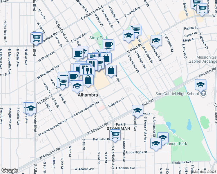 map of restaurants, bars, coffee shops, grocery stores, and more near in Upland