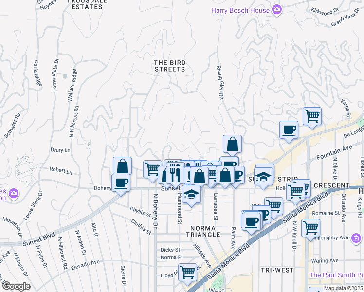 map of restaurants, bars, coffee shops, grocery stores, and more near 8929 Saint Ives Drive in Los Angeles